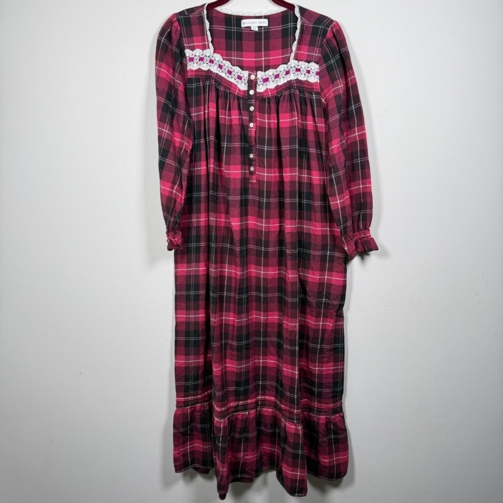 Eileen West Plaid Flannel Nightgown XS Pink Black Cotton Lace Mother of Pearl